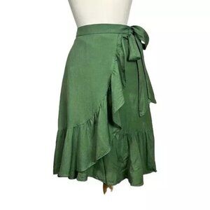 Ann Taylor Ruffled Skirt 4 Faux Wrap Linen Blend Midi Green